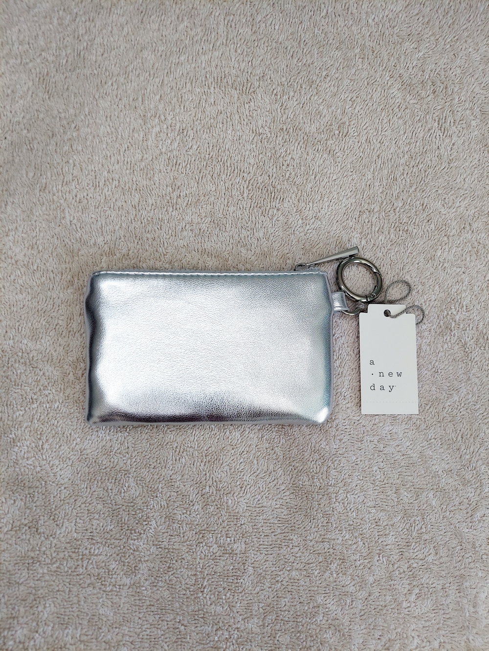 A New Day Metallic Silver Zip Pouch Wallet NWT Travel Y2K Vacation Athleisure